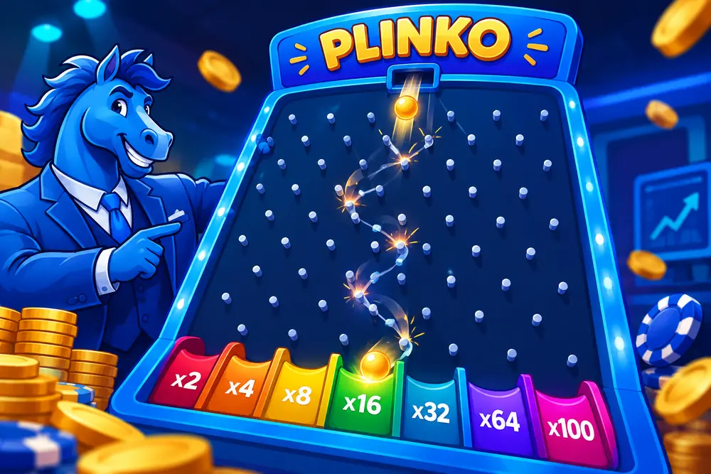 An illustration of a lit plinko cabinet: a ball zig-zagging down through eight rows of pegs into a row of coloured slots