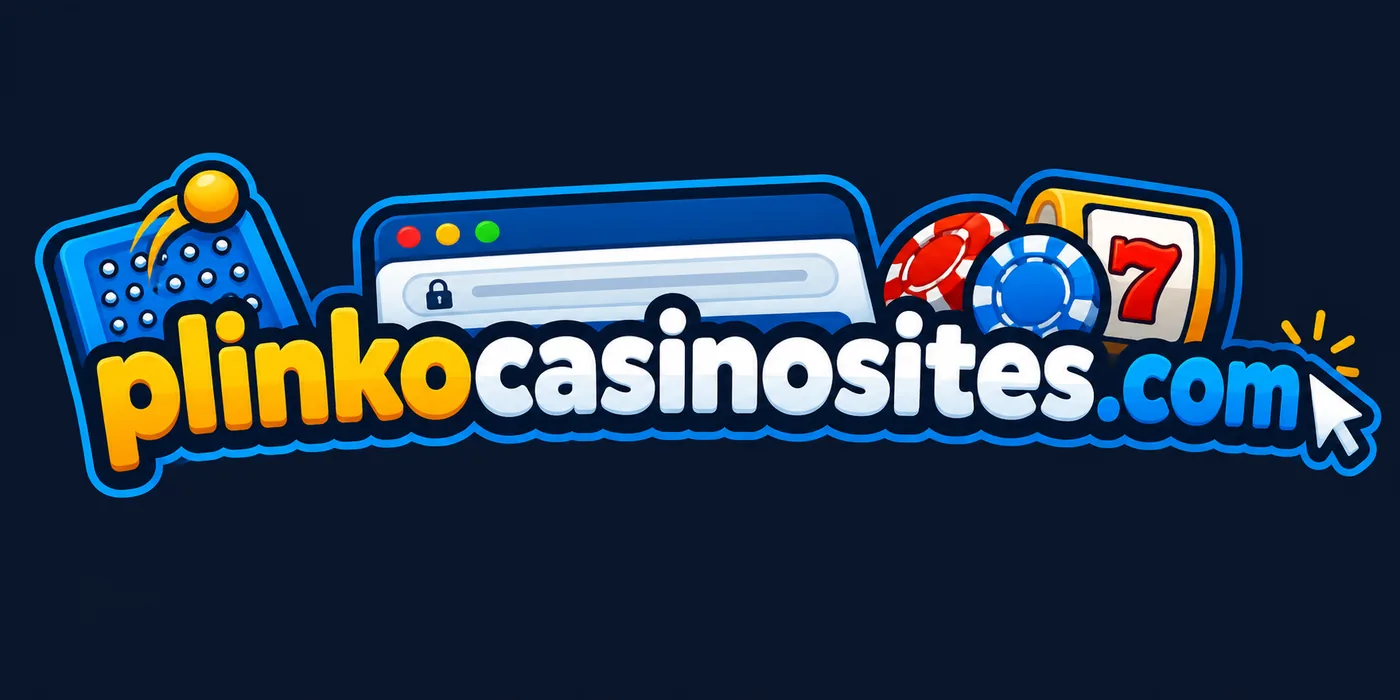 The plinkocasinosites.com wordmark beside a peg board, a browser address bar, two casino chips and a slot symbol